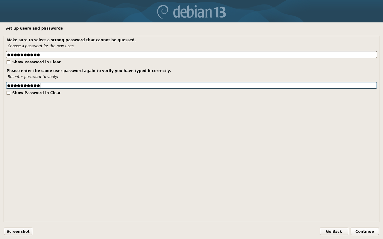 Layar kata sandi pengguna Debian dengan dua kolom terisi