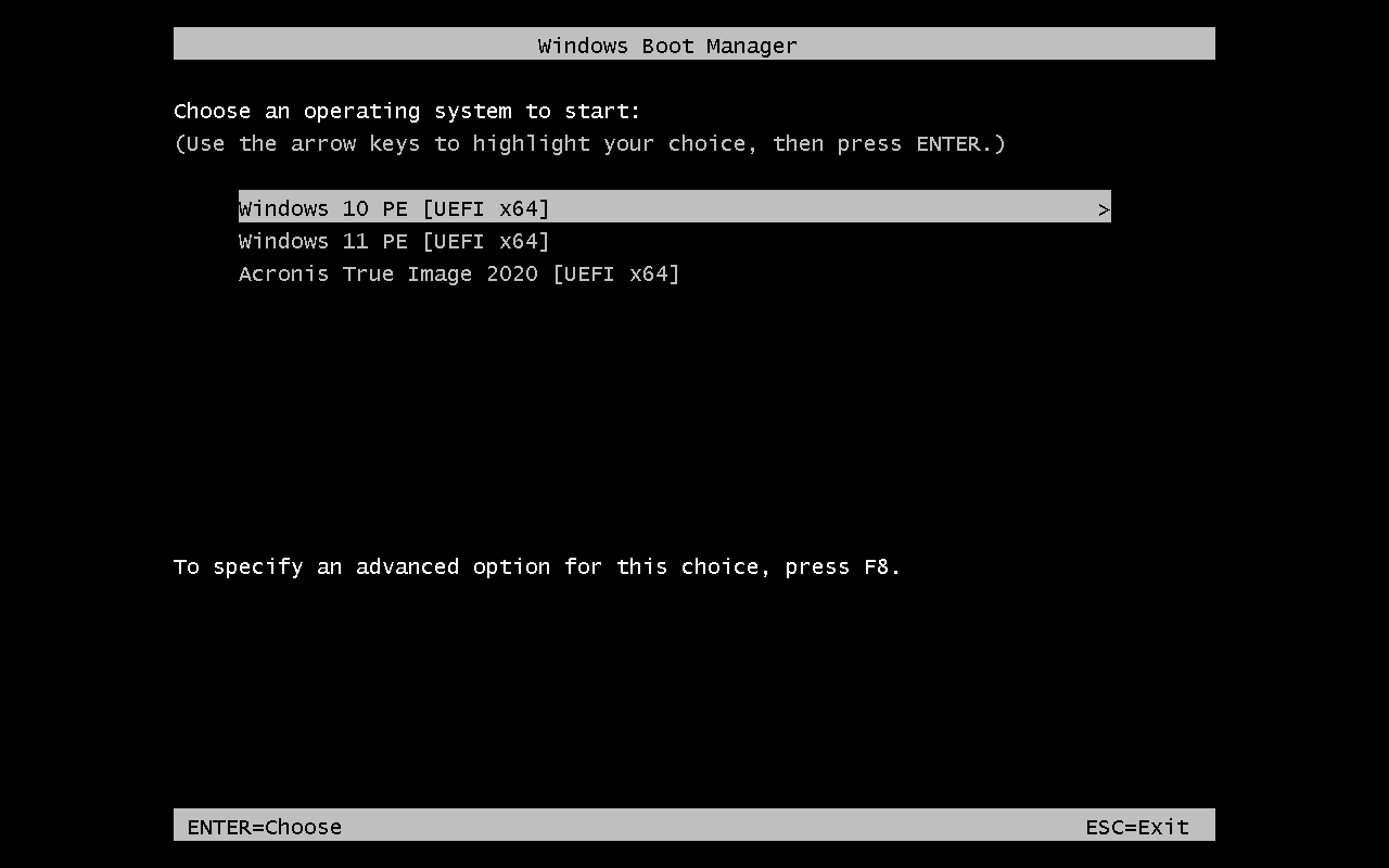 Layar Windows Boot Manager DLC Boot 2022 menampilkan tiga pilihan: Windows 10 PE UEFI x64, Windows 11 PE UEFI x64, dan Acronis True Image 2020 UEFI x64