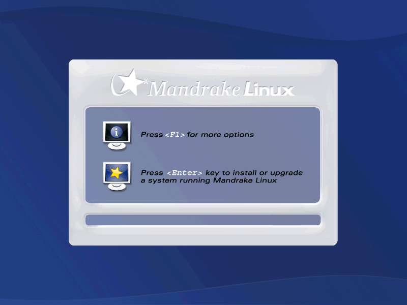 Layar boot Mandrake Linux dengan logo bintang dan keterangan tekan Enter untuk memasang atau memutakhirkan sistem