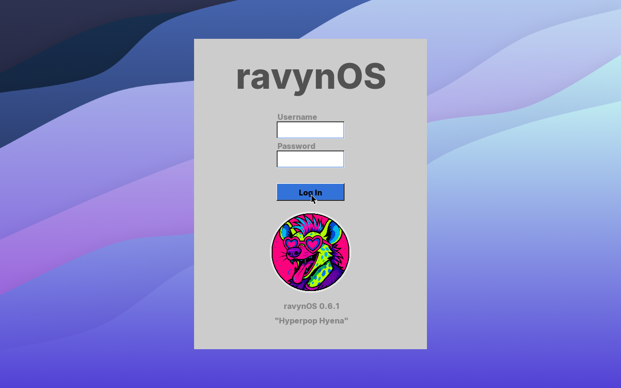 Layar login ravynOS 0.6.1 Hyperpop Hyena dengan kolom Username dan Password serta tombol Log In di atas wallpaper gradasi ungu biru dan maskot hyena