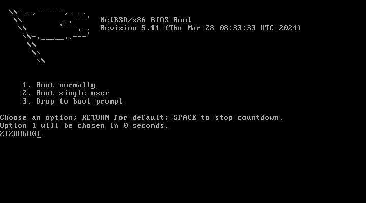Menu boot NetBSD/x86 BIOS Boot Revision 5.11 dengan pilihan Boot normally, Boot single user, dan Drop to boot prompt