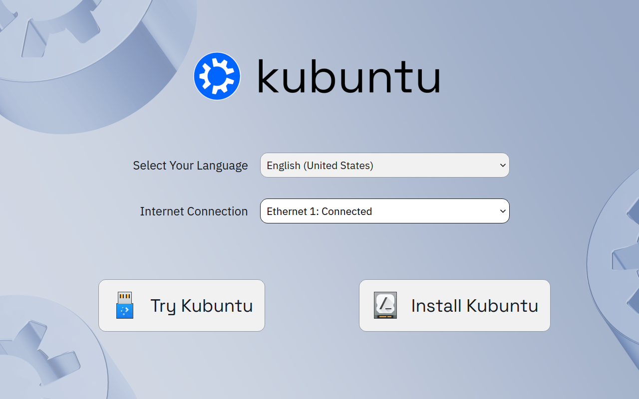 Layar pertama Kubuntu dengan pilihan bahasa, koneksi internet, dan tombol Try Kubuntu atau Install Kubuntu