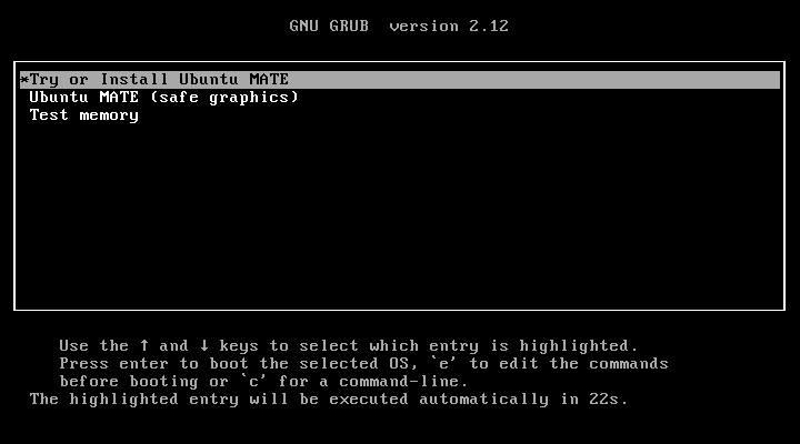 Menu boot GNU GRUB 2.12 Ubuntu MATE dengan tiga pilihan: Try or Install Ubuntu MATE yang tersorot, Ubuntu MATE safe graphics, dan Test memory
