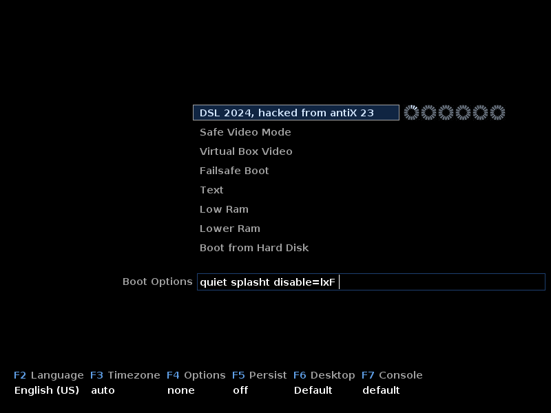 Menu boot DSL 2024 hacked from antiX 23 dengan pilihan Safe Video Mode, Failsafe Boot, Text, Low Ram, dan opsi F2-F7 di bagian bawah