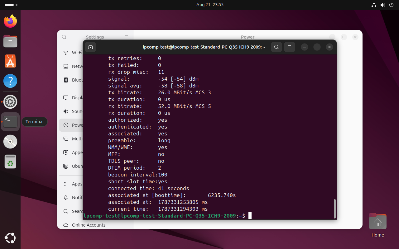 Output iw station dump menampilkan signal -54 dBm, tx bitrate 26 MBit per detik MCS 3, rx bitrate 52 MBit per detik MCS 5 dari HP yang terhubung ke hotspot