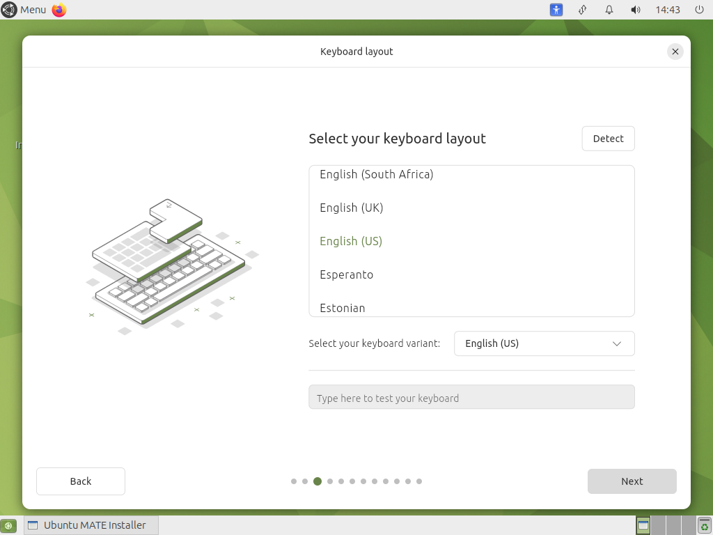 Layar Keyboard layout pemasang Ubuntu MATE dengan daftar English South Africa, English UK, English US tersorot, Esperanto, Estonian, kotak Select your keyboard variant, dan kotak Type here to test your keyboard