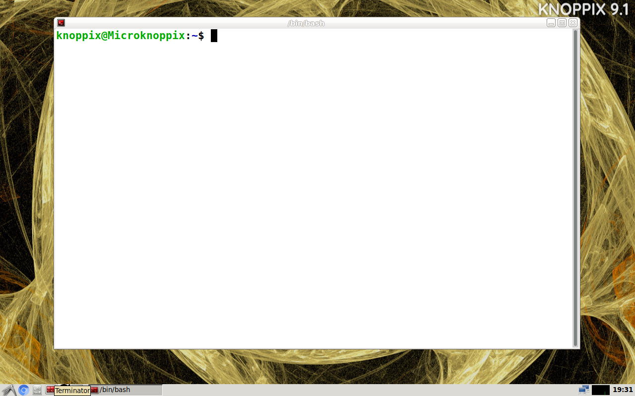 Terminal Knoppix menampilkan prompt knoppix at Microknoppix