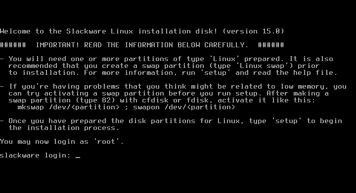 Layar login Slackware yang meminta masuk sebagai root