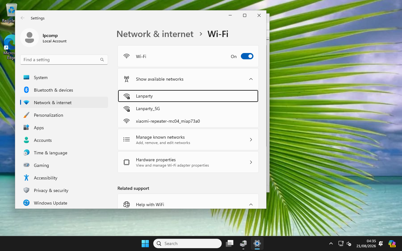 Settings Windows 11 menampilkan hasil pemindaian jaringan WiFi lewat dongle RTL8821CU, langsung berhasil tanpa langkah tambahan