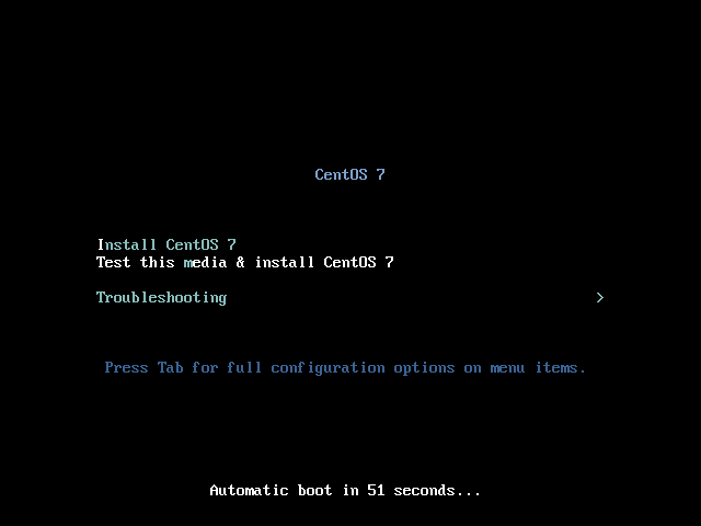 Menu boot CentOS 7 dengan pilihan Install CentOS 7, Test this media, dan Troubleshooting