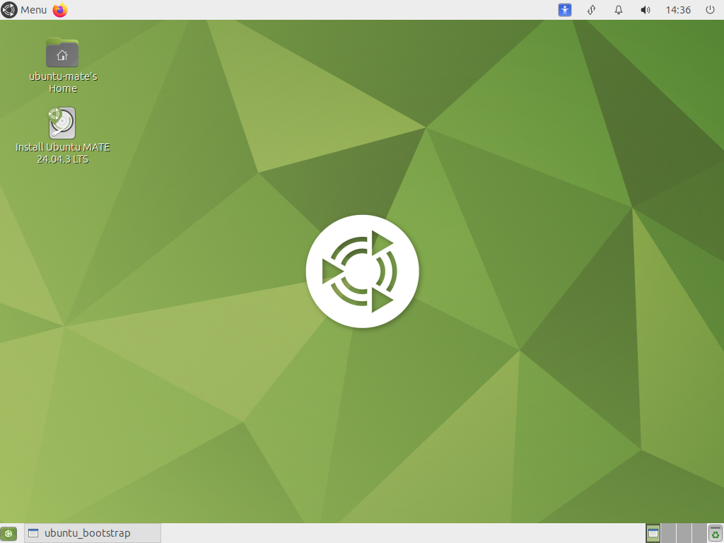 Desktop live Ubuntu MATE berlatar hijau bersegitiga dengan panel atas berisi Menu dan Firefox, panel bawah taskbar, serta dua ikon desktop yaitu ubuntu-mate Home dan Install Ubuntu MATE 24.04.3 LTS