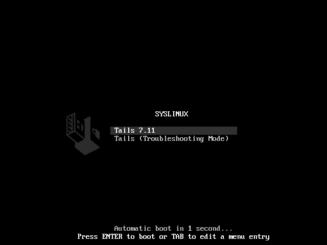 Menu boot SYSLINUX Tails 7.11 dengan pilihan Tails 7.11 dan Tails (Troubleshooting Mode), serta hitungan mundur boot otomatis