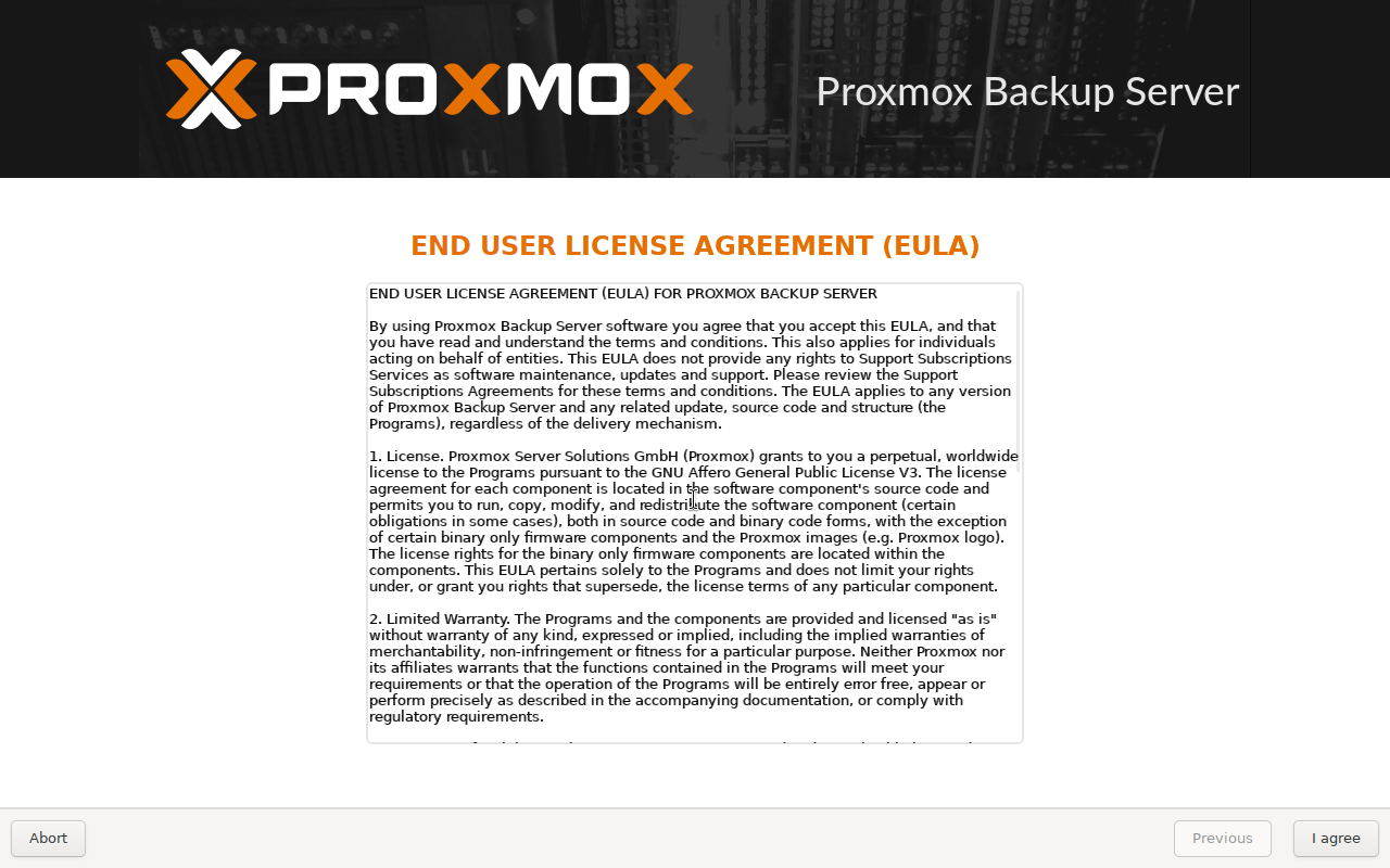 Halaman End User License Agreement (EULA) installer Proxmox Backup Server dengan teks lisensi lengkap di kotak tengah dan tombol Abort, Previous, I agree di bagian bawah