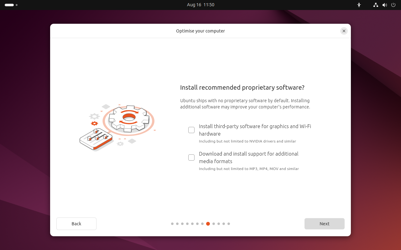 Layar Install recommended proprietary software dengan dua kotak centang