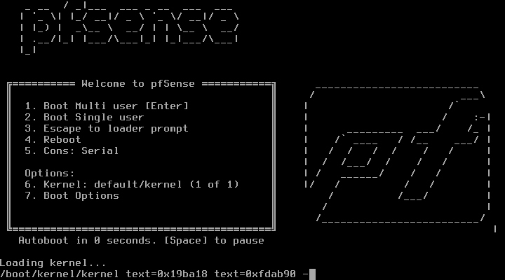 Menu boot loader FreeBSD dengan logo ASCII art pfSense dan pilihan Boot Multi user, Boot Single user, Escape to loader prompt, Reboot