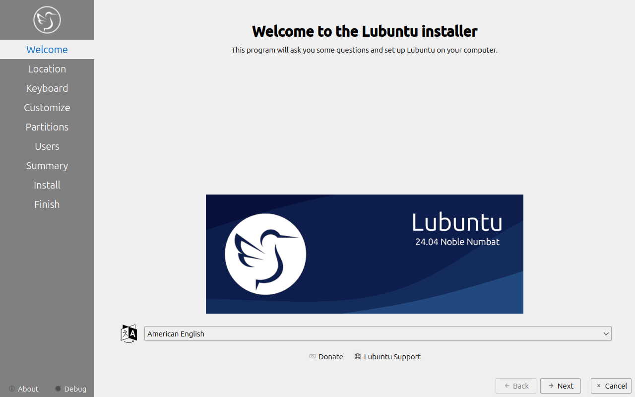 Layar Welcome pemasang Lubuntu dengan daftar sembilan tahap di sisi kiri
