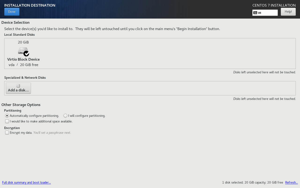 Layar Installation Destination CentOS 7 dengan pilihan Automatically configure partitioning dan keterangan disk tidak disentuh sampai Begin Installation diklik
