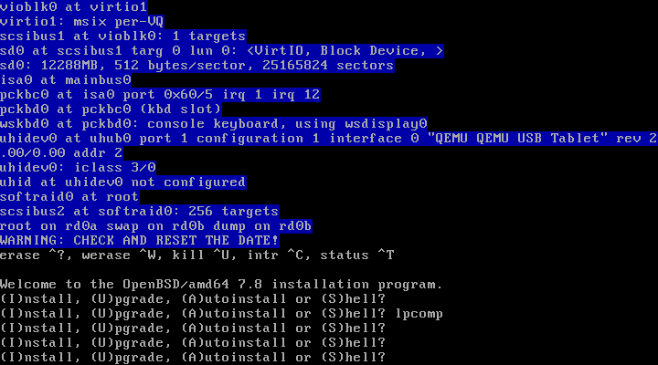 Layar OpenBSD 7.8 memperlihatkan baris pertanyaan (I)nstall (U)pgrade (A)utoinstall or (S)hell terulang empat kali karena ketikan tidak diterima mesin uji