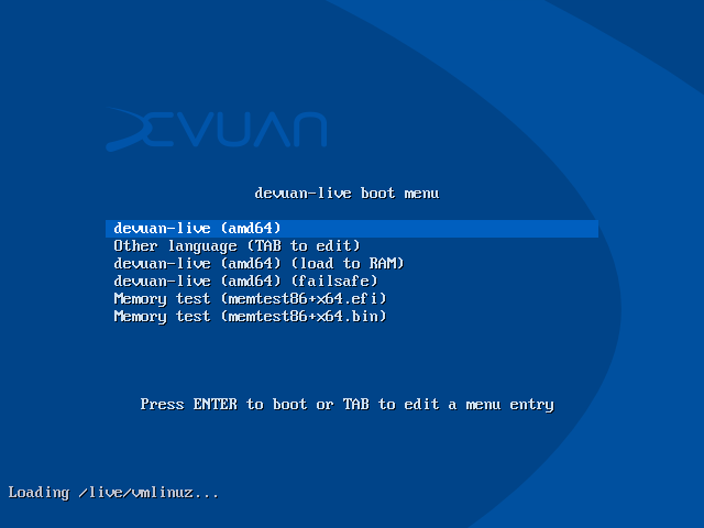 Menu boot Devuan Excalibur dengan pilihan devuan-live amd64, Other language, load to RAM, failsafe, dan Memory test