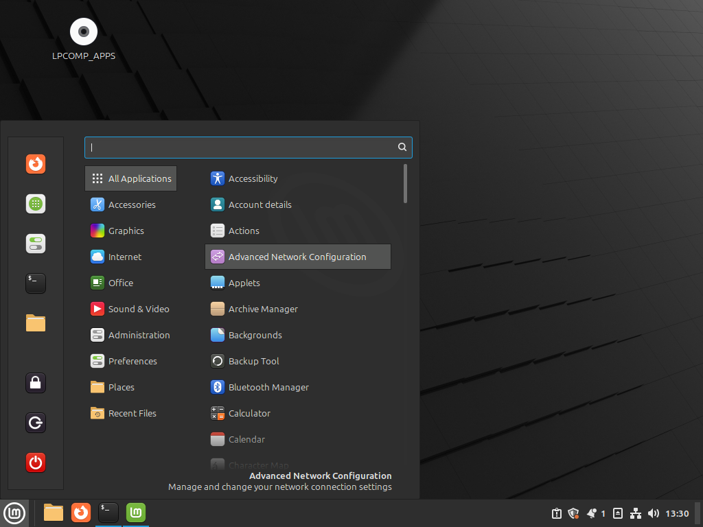 Menu aplikasi Linux Mint dengan kategori Office, Graphics, Internet, Sound & Video
