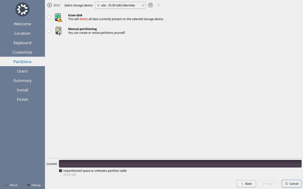 Layar Partitions dengan pilihan Erase disk dan Manual partitioning