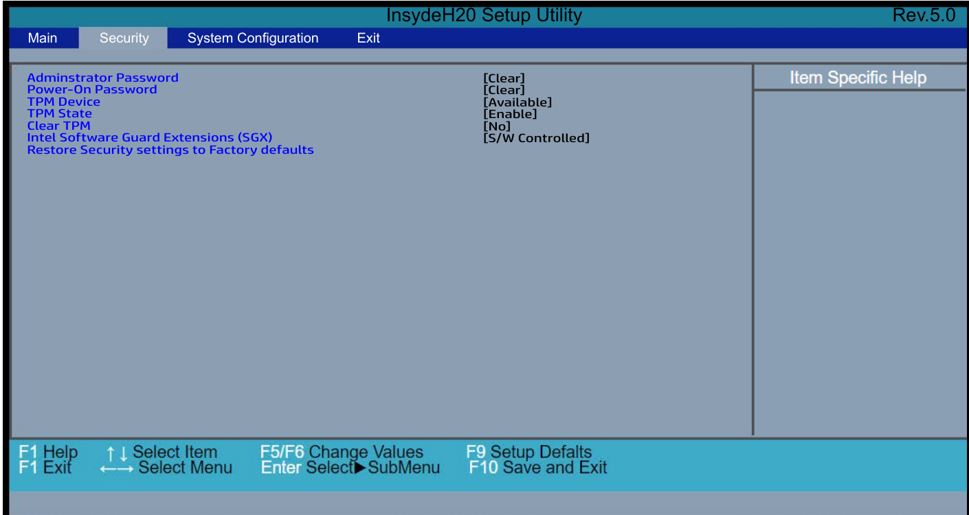 Tab Security HP rumahan, isinya password dan TPM, tidak ada Secure Boot