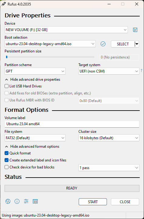 Jendela Rufus 4.0 dengan kolom Device, Boot selection, Partition scheme GPT, Target system UEFI, dan status READY