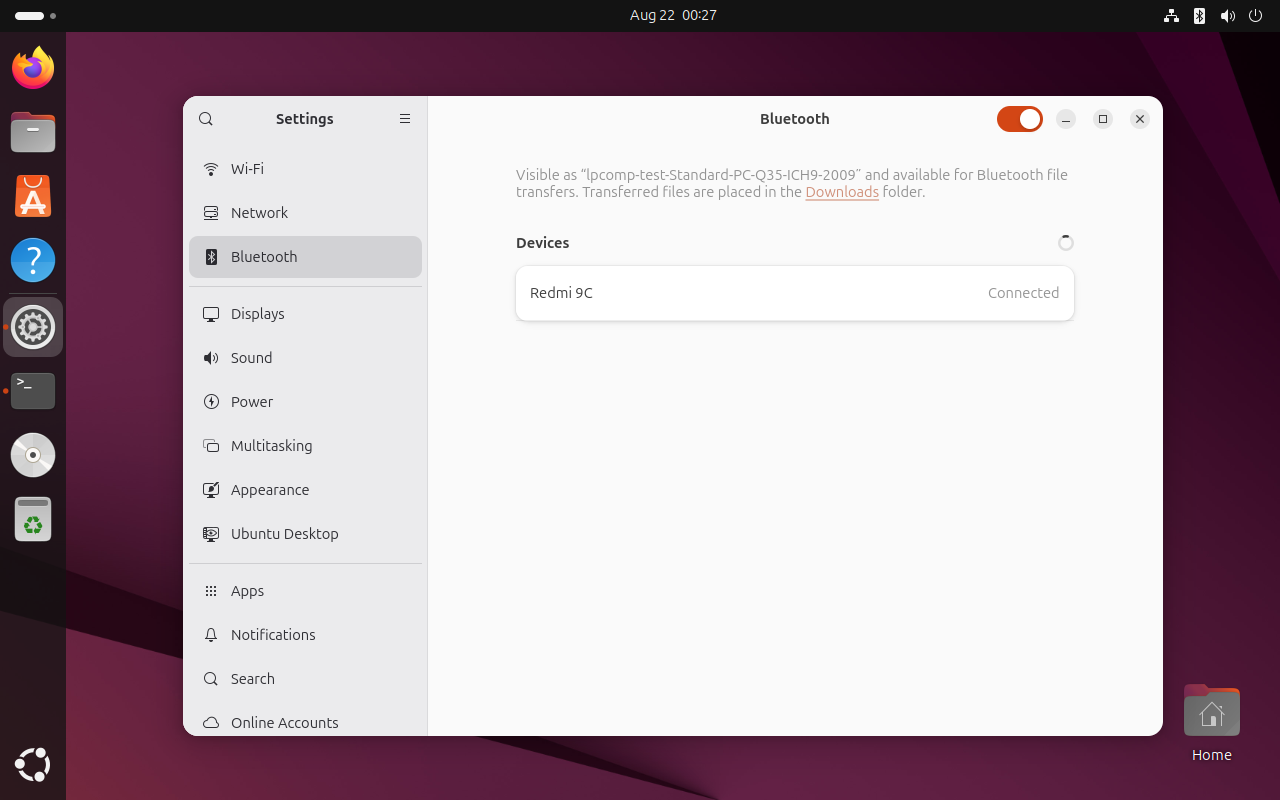 Halaman Settings Bluetooth GNOME menampilkan perangkat Redmi 9C dengan status Connected