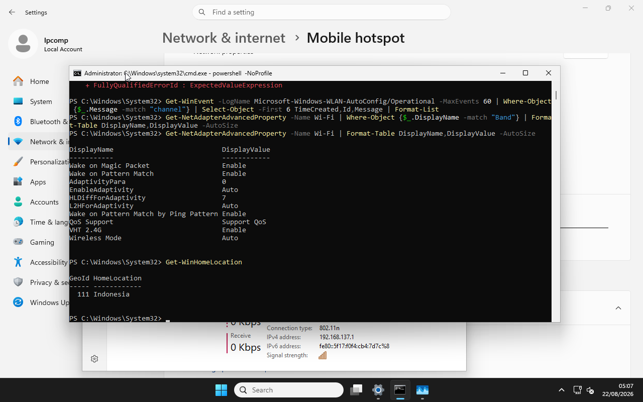 PowerShell menampilkan daftar lengkap Advanced Properties adapter Wi-Fi tanpa opsi Preferred Band, dan Get-WinHomeLocation mengonfirmasi Region Indonesia
