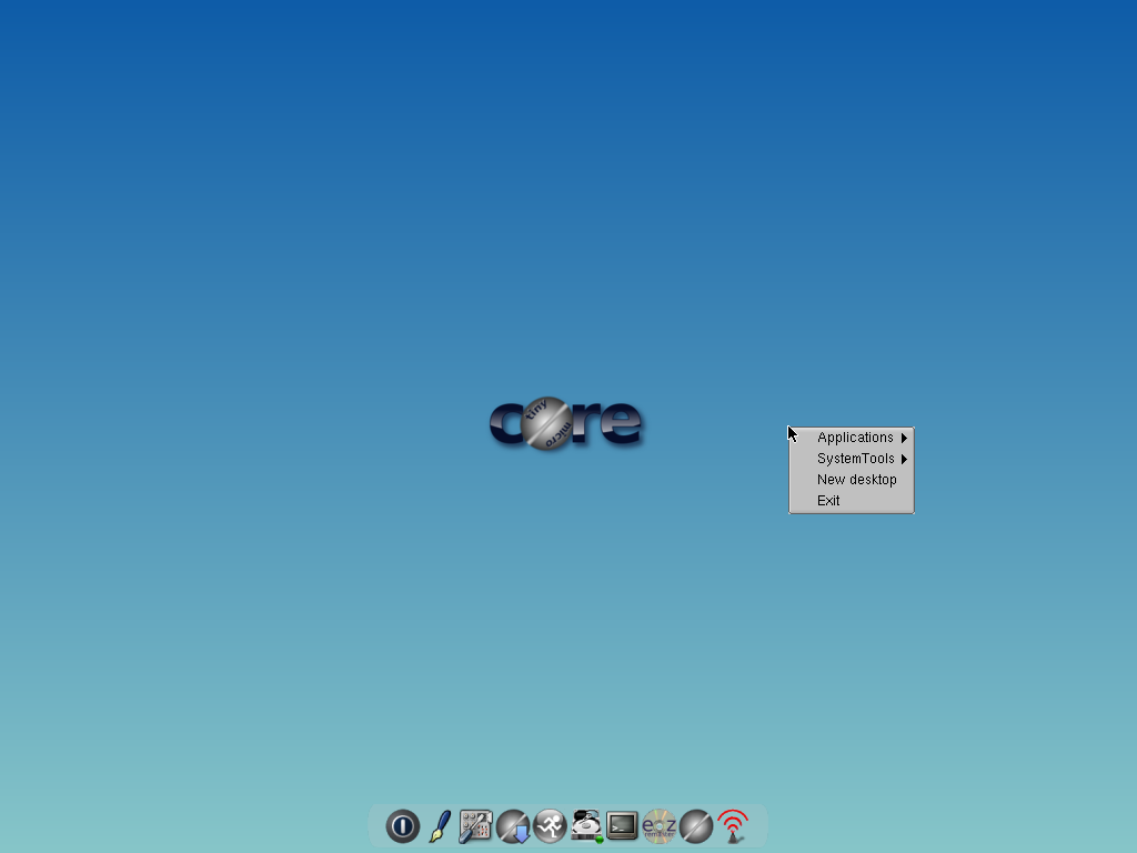 Menu Tiny Core hasil klik kanan di desktop berisi Applications, SystemTools, New desktop, dan Exit