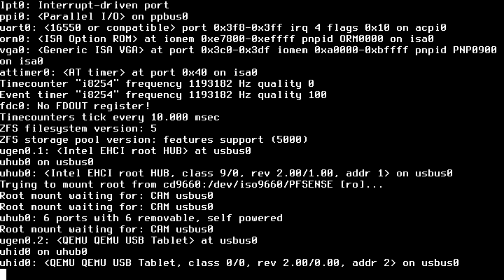 Log deteksi perangkat keras FreeBSD menampilkan port paralel, USB EHCI hub, versi filesystem ZFS, dan proses mounting root dari cd9660 PFSENSE