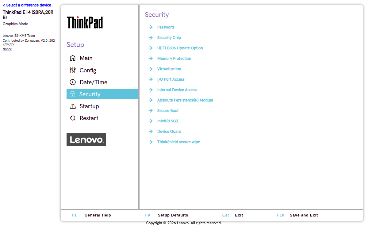 Menu Security ThinkPad dengan pilihan Secure Boot