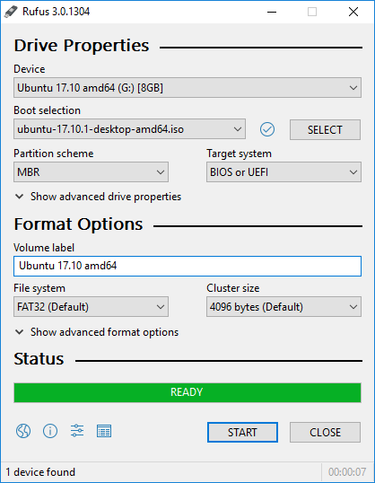 Jendela Rufus dengan Partition scheme MBR dan Target system BIOS or UEFI