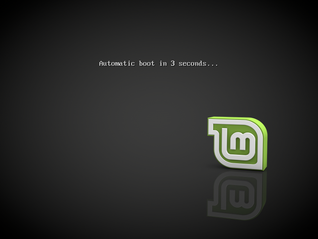 Layar Linux Mint bertuliskan Automatic boot in 3 seconds