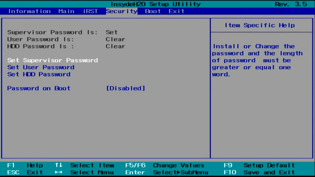 Tab Security BIOS Acer dengan Supervisor Password Is Set