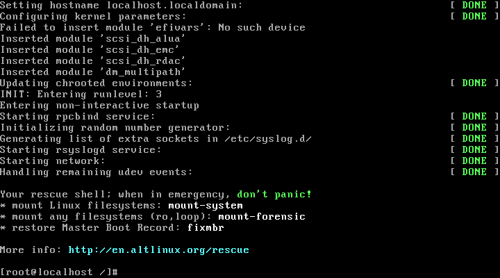 Layar shell penyelamat ALT Linux dengan pesan don t panic dan daftar tiga perintah