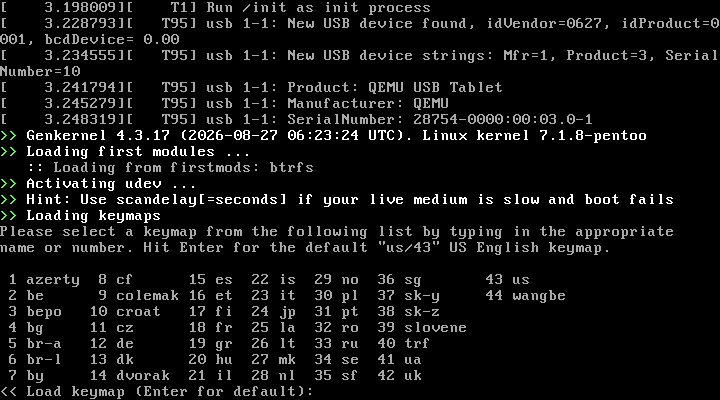 Log boot kernel Pentoo menampilkan versi Linux 7.1.8-pentoo, proses Genkernel, deteksi perangkat USB, dan daftar pilihan keymap papan ketik seperti us, uk, de, fr