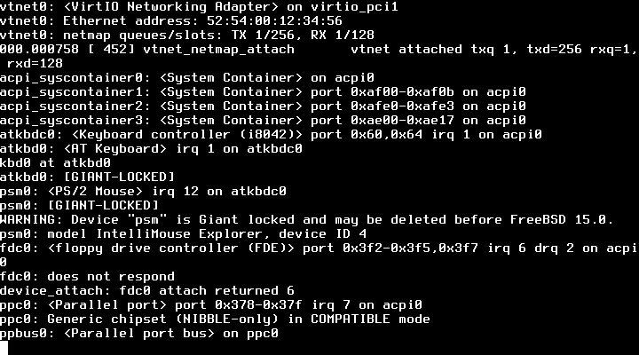 Log boot FreeBSD menampilkan deteksi perangkat seperti VirtIO Networking Adapter vtnet0, AT Keyboard controller, PS2 Mouse, floppy drive controller, dan Parallel port