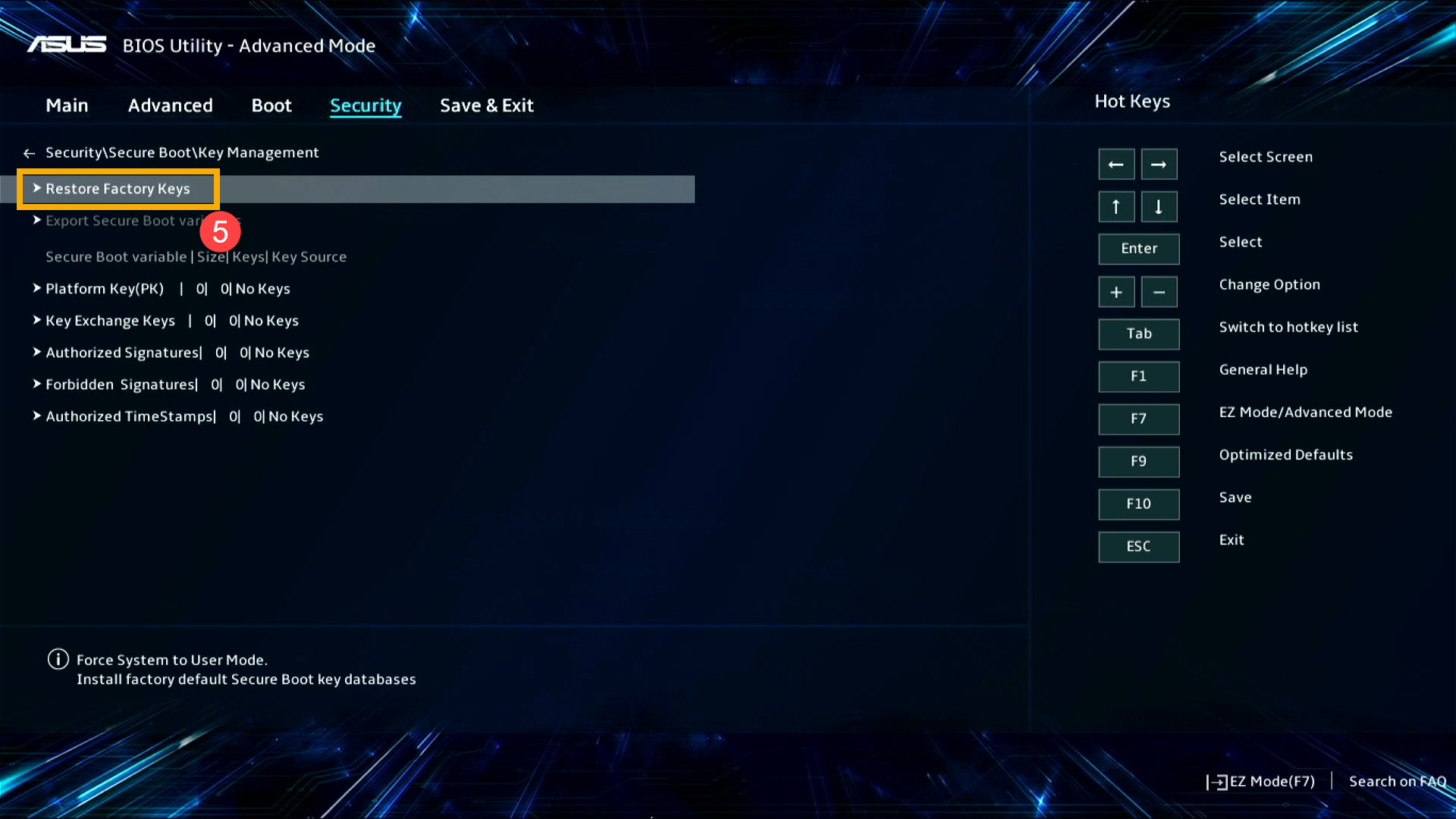 Pilihan Restore Factory Keys di Key Management Asus