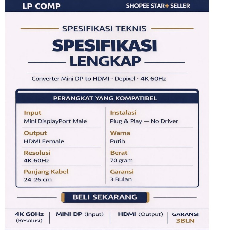 Depixel Converter Mini DP to HDMI - spesifikasi lengkap