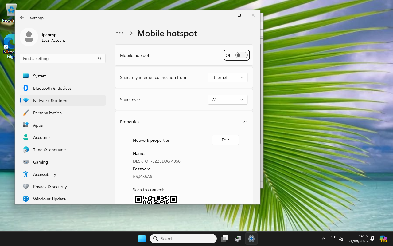 Halaman Settings Mobile hotspot Windows 11 sebelum diaktifkan, sudah terisi otomatis Ethernet sebagai sumber dan Wi-Fi sebagai pemancar