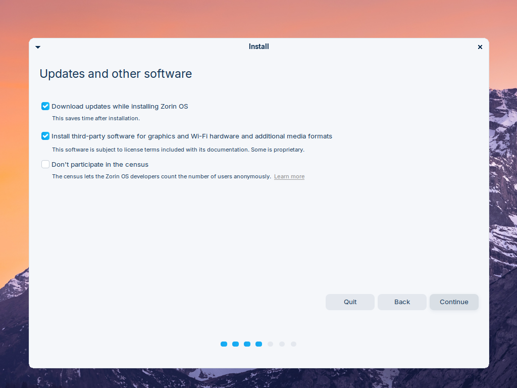 Layar Updates and other software dengan dua kotak centang: Download updates dan Install third-party software