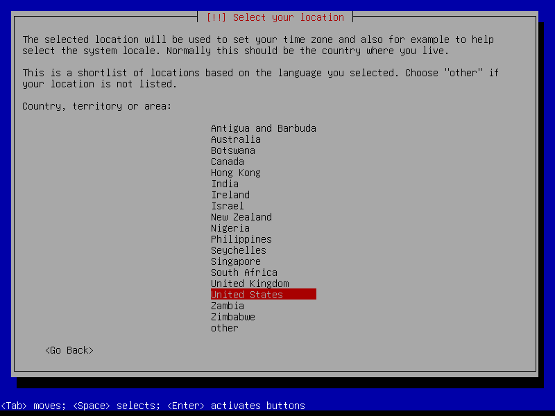 Dialog Select your location berisi daftar pendek negara berbahasa Inggris dengan United States tersorot dan pilihan other di baris paling bawah