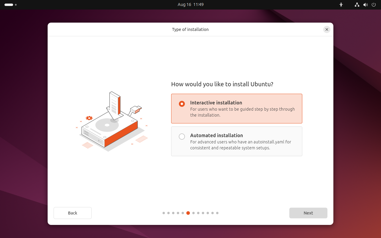 Layar Type of installation Ubuntu dengan pilihan Interactive dan Automated installation