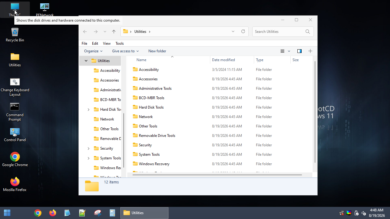 Folder Utilities Hirens BootCD PE menampilkan 12 kategori: Accessibility, Accessories, Administrative Tools, BCD-MBR Tools, Hard Disk Tools, Network, Other Tools, Removable Drive Tools, Security, System Tools, Windows Recovery