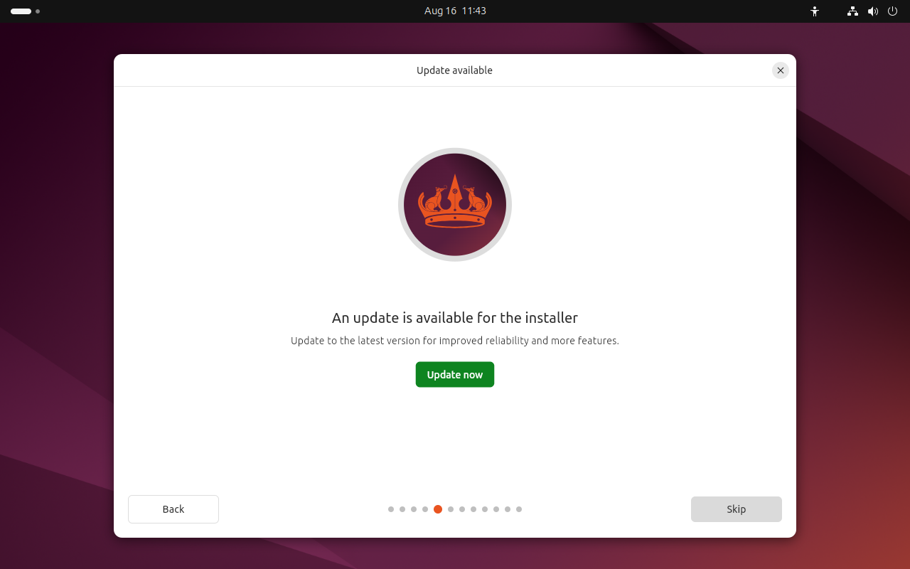 Layar An update is available for the installer dengan tombol Update now dan Skip