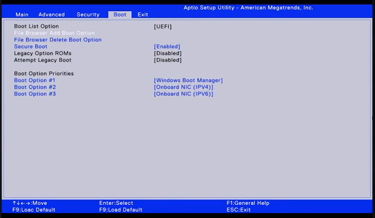 Tab Boot BIOS Dell Aptio dengan Boot List Option UEFI dan Secure Boot Enabled