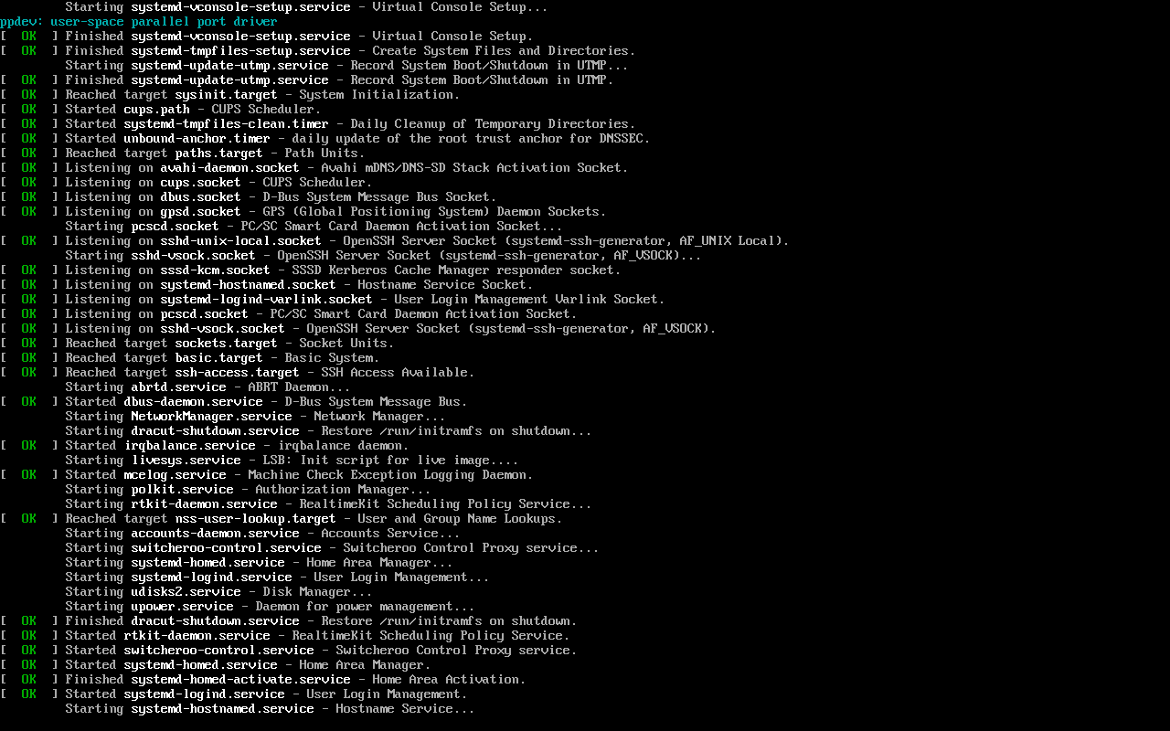 Layar teks proses boot NST menampilkan daftar layanan systemd yang dijalankan