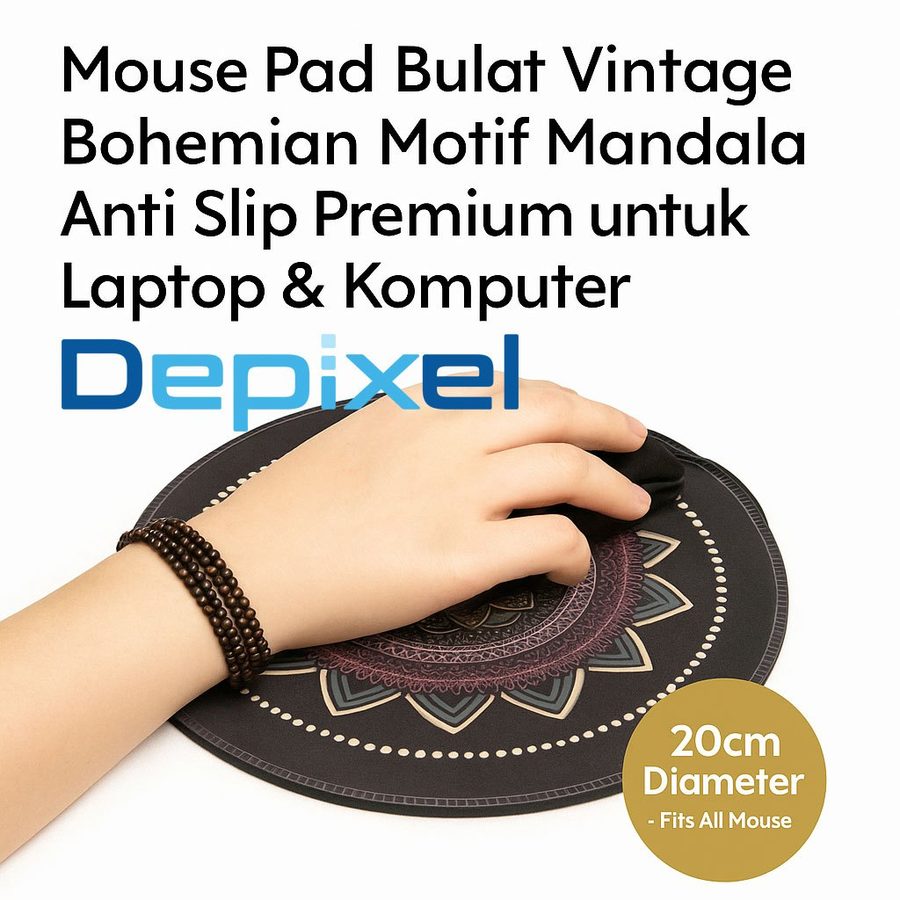 Mouse Pad Bulat Vintage Bohemian Motif Mandala Anti Slip Diameter 20cm Estetik