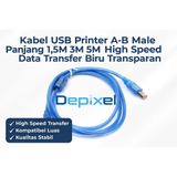 Kabel USB Printer A-B Male Panjang 1.5M 3M 5M High Speed Data Transfer Biru Transparan - foto 2